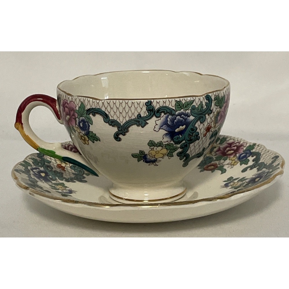 Vintage Royal Cauldon Victoria 2 Cups & Saucers Scalloped 22k Gold Edging Floral - Picture 4 of 16